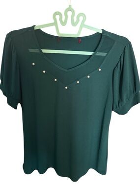 Women’s Emerald Green V-Neck Top with pearls Stud Detail